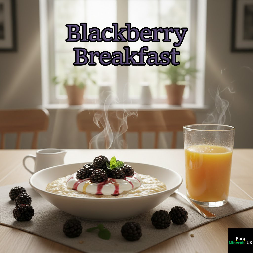 A breakfast bowl in a dining room setting consisting of hot porridge topped with yogurt and ripe blackberries accompanied by a glass of orange juice.