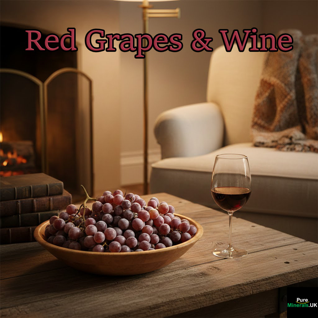 A bowl of red grapes next to a glass of red wine on a table in a cozy lounge setting