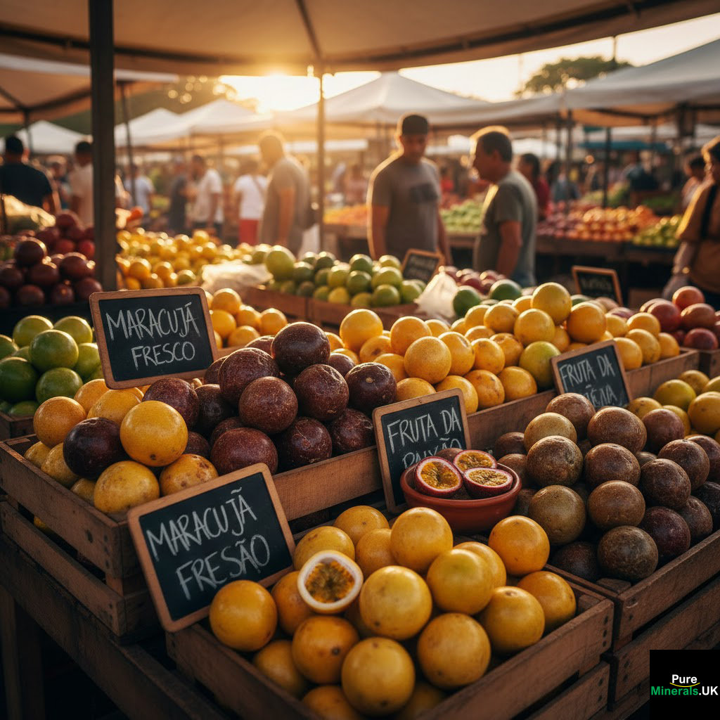 Brazilian passion fruit market. Maracujá (passion fruit) is a popular tropical fruit, particularly in Brazil, known for its sweet-and-sour flavor and vibrant, aromatic pulp. It is often used in culinary, cosmetic, and wellness applications.