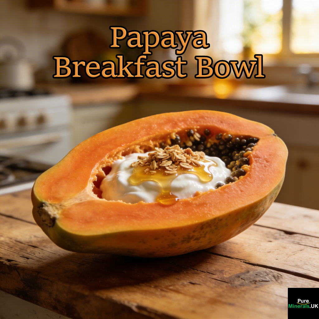 Half papaya filled with Greek yogurt, topped with granola and drizzled with honey, placed on a rustic wooden kitchen counter in soft natural light.