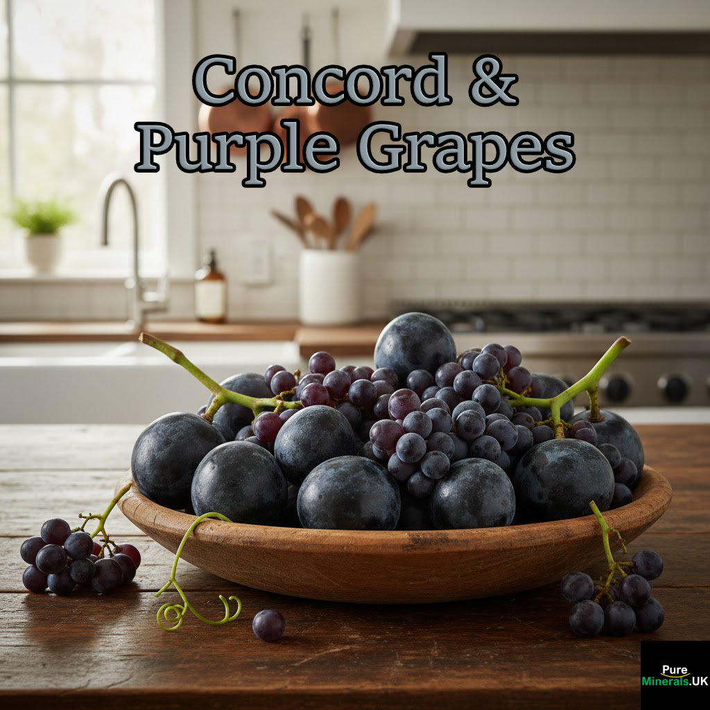 Concord & Purple Grapes in a kitchen setting.