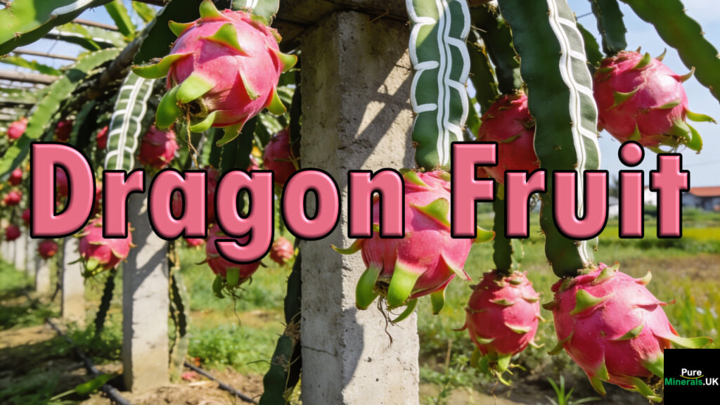 Dragon fruit cactus with ripe pink-red fruits growing on concrete posts in a rural Vietnamese farm under tropical sunlight.