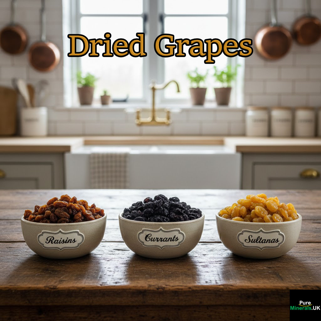 Three separate bowls on a kitchen table containing raisins, currants, and sultanas.