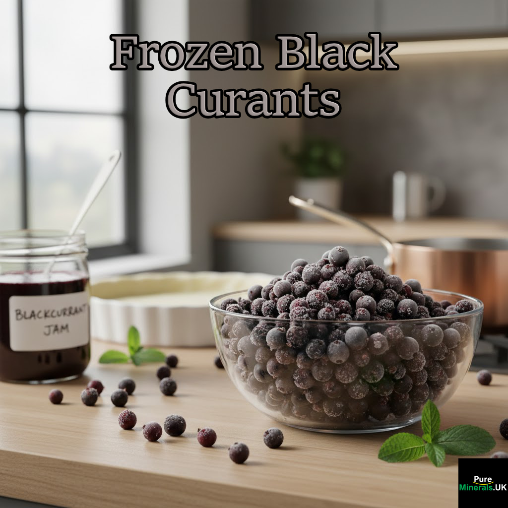 A photo of frozen black currants from the freezer in readiness for making a blackcurrant tart in a kitchen setting. A jar of black currant jam is nearby.