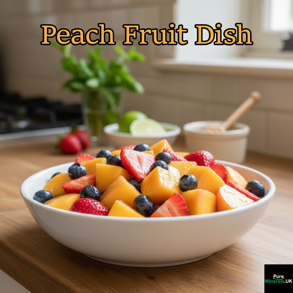 A bowl of peach chunks with blueberries, strawberries, and a light honey-lime dressing.