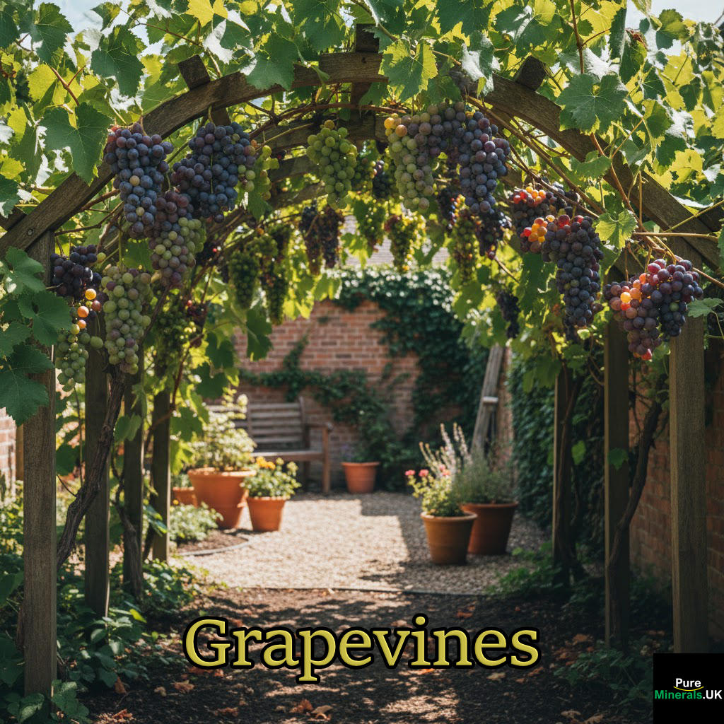 A backyard garden with arching grapevines.