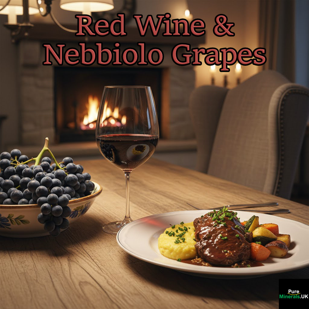A glass of red wine with a meal to suit, plus Nebbiolo grapes on a bowl nearby, in a cozy dining room setting.