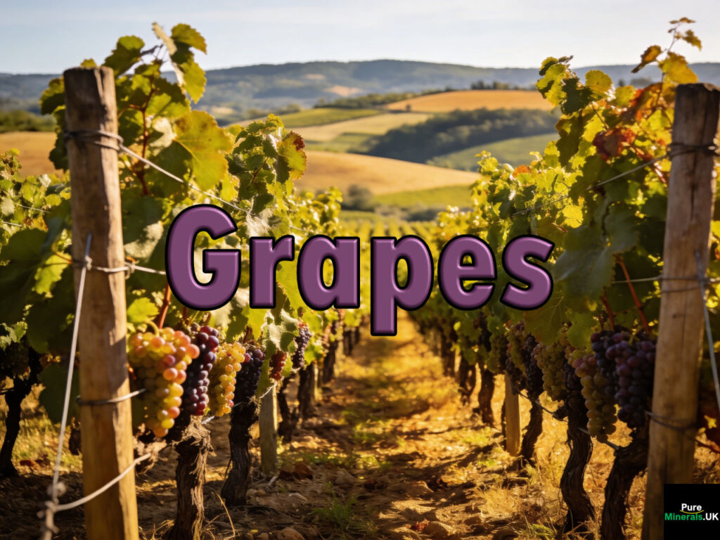 Rows of grapevines with green leaves and clusters of ripe grapes growing in a French vineyard under warm sunlight.