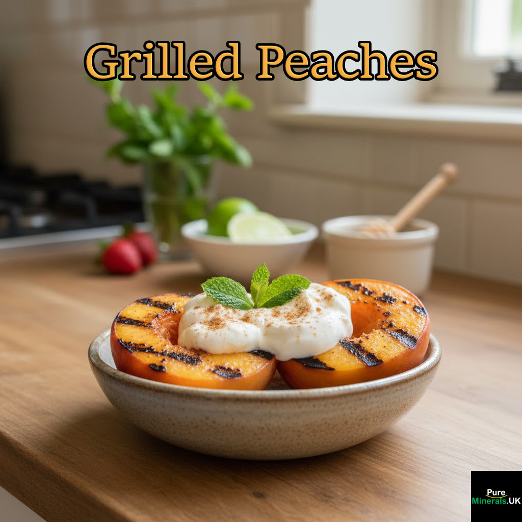 A bowl of grilled peaches served as a dessert, topped with a dollop of Greek yogurt and a sprinkle of cinnamon.