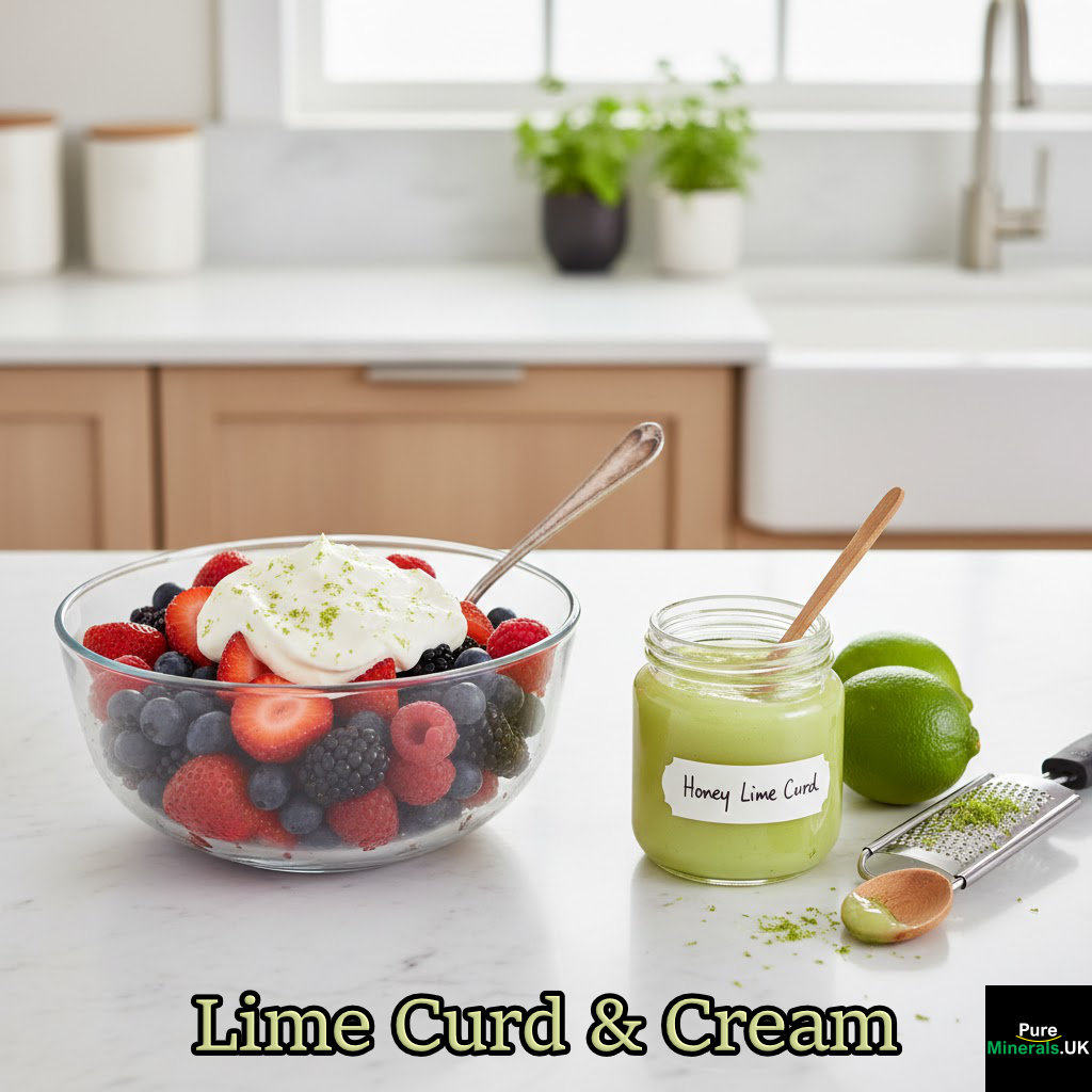 Lime-infused whipped cream over fresh berries and honey lime curd in a kitchen setting.