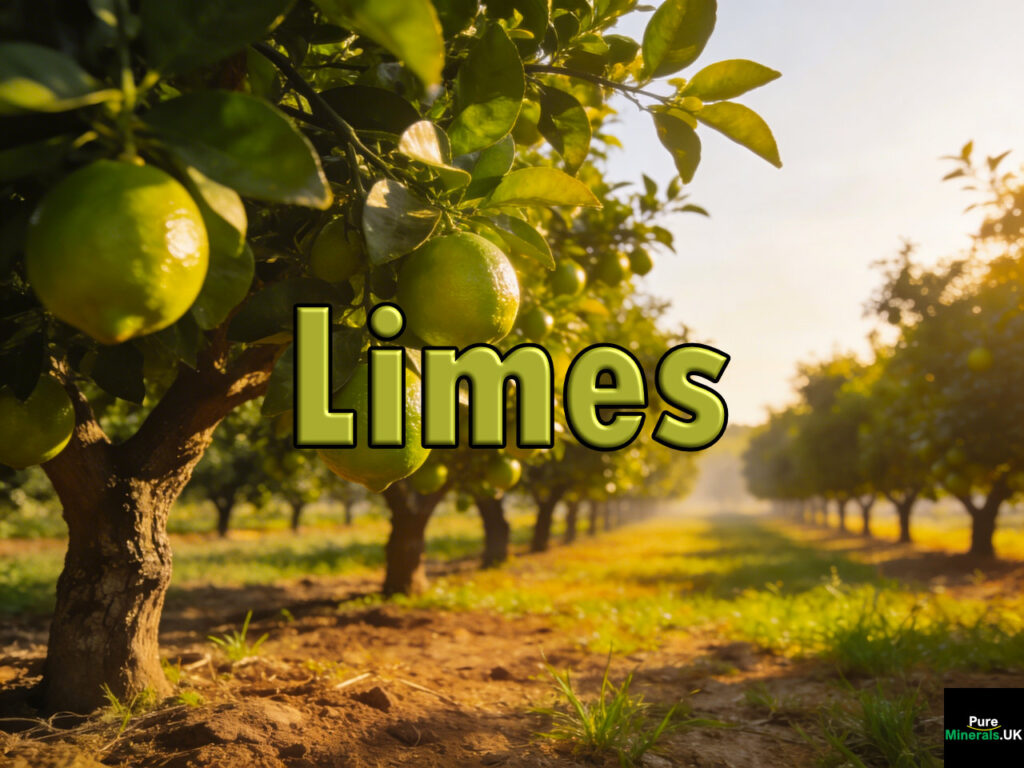 Wide landscape view of a lime grove with mature lime trees heavy with green limes positioned in the distance under warm sunlight.