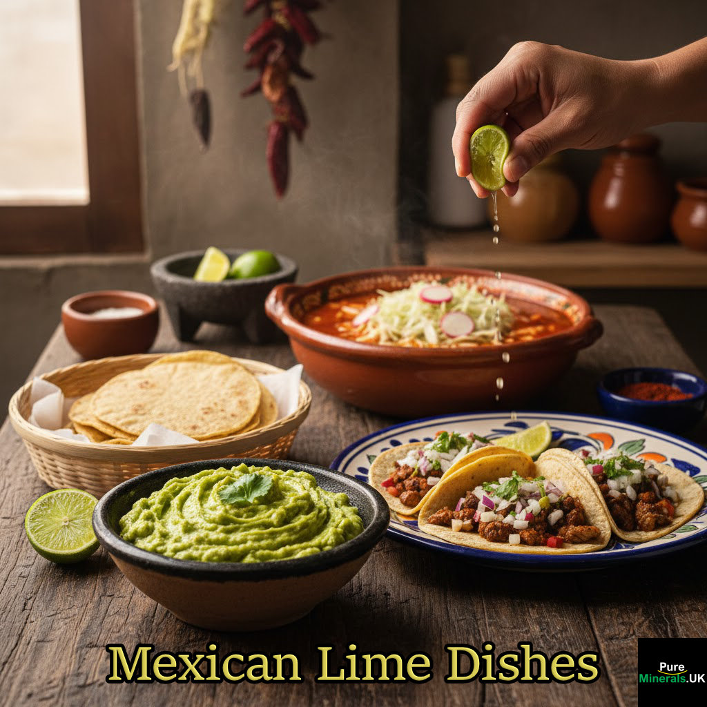 Tacos, guacamole, and pozole in a Mexican kitchen setting.