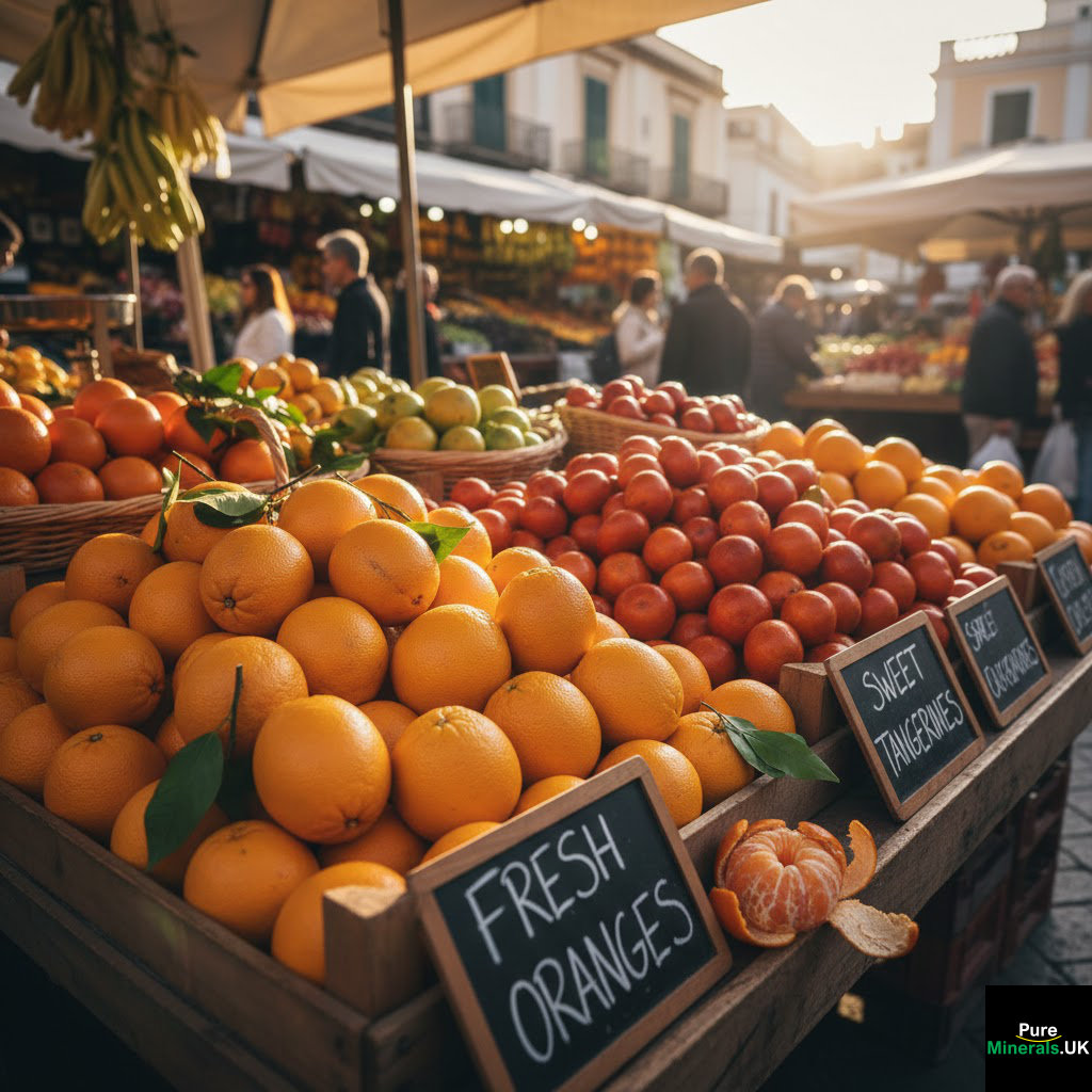 Tangerines and oranges in an outdoor Mediterranean market.
