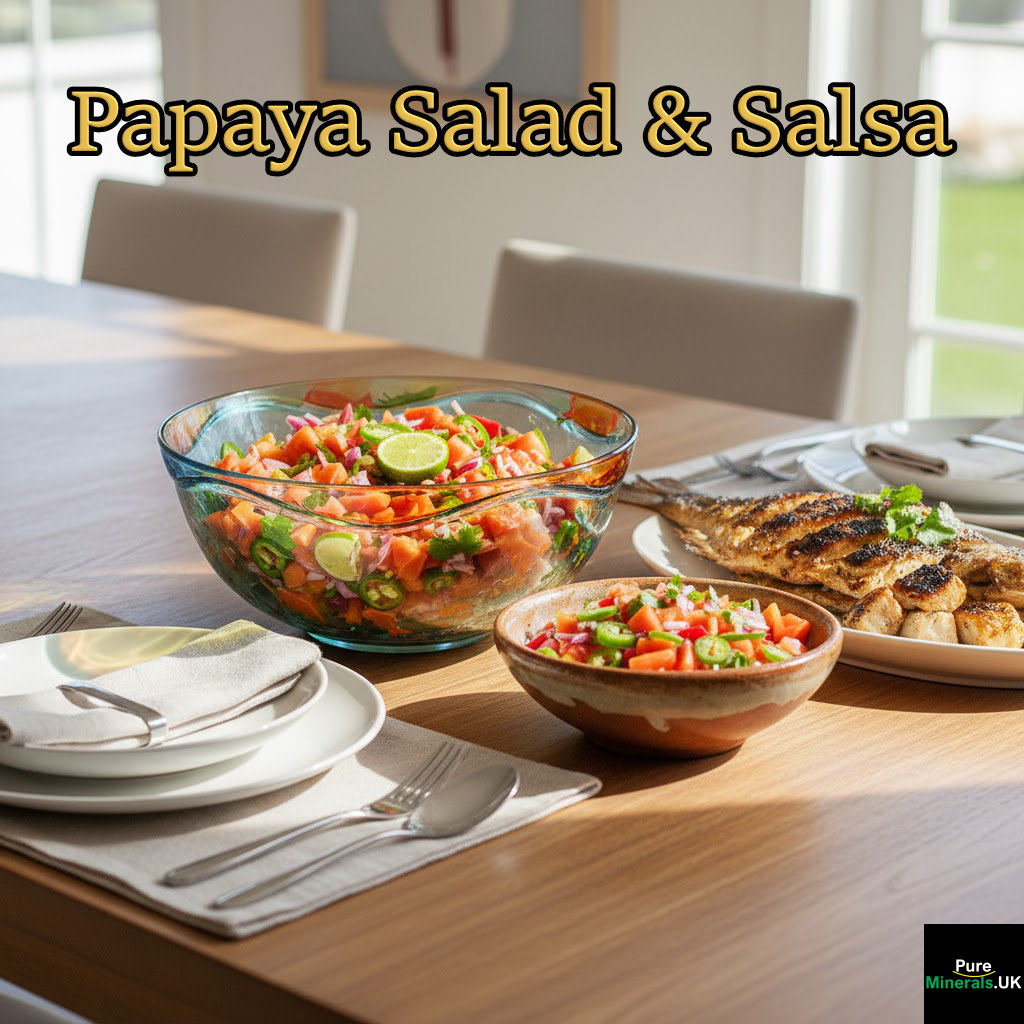 Papaya salad, salsa, and fish on a dining room table.