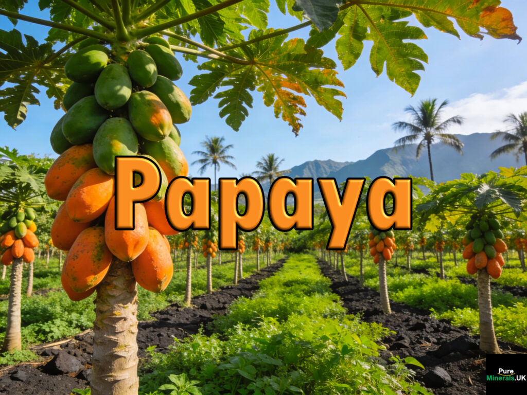 Slender papaya trees bearing clusters of ripe orange and green papayas in a lush Hawaiian plantation under bright tropical sunlight.