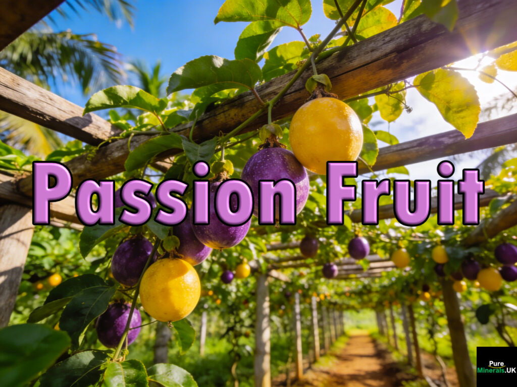 A Brazilian passion fruit vineyard with ripe purple and yellow fruit hanging from trellised vines under tropical sunlight.