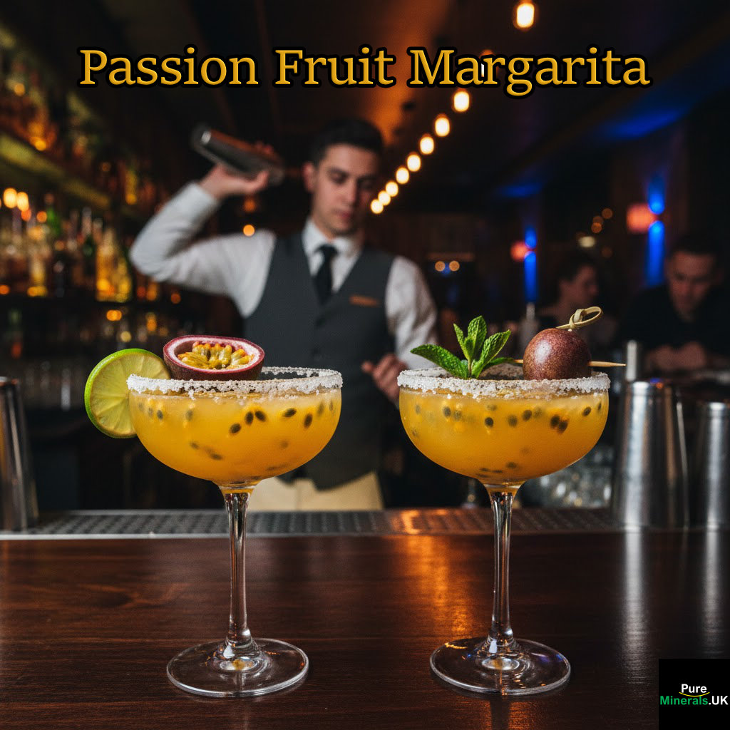 Passion Fruit Margarita cocktails in a cocktail bar setting.