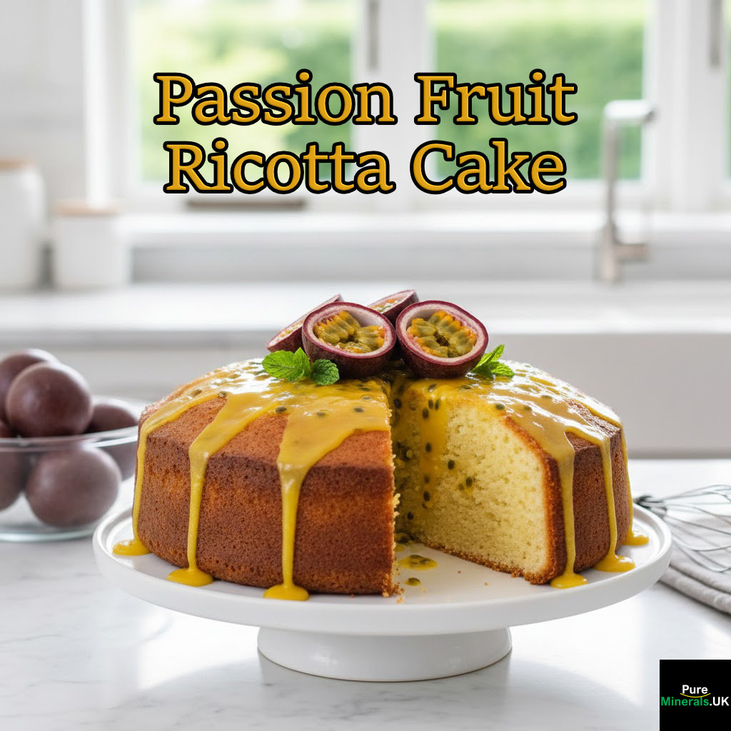 Passion Fruit Ricotta Cake in a modern kitchen setting.