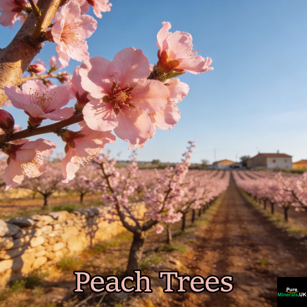 Rows of peach trees in full pink blossom under a clear blue sky in a Spanish orchard, photographed in warm Mediterranean sunlight.