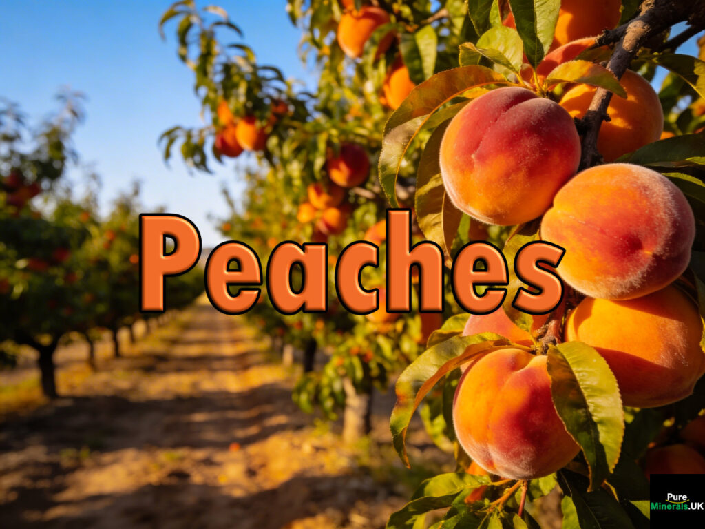 Rows of peach trees heavy with ripe orange and red peaches in a sunlit Spanish orchard during harvest season.