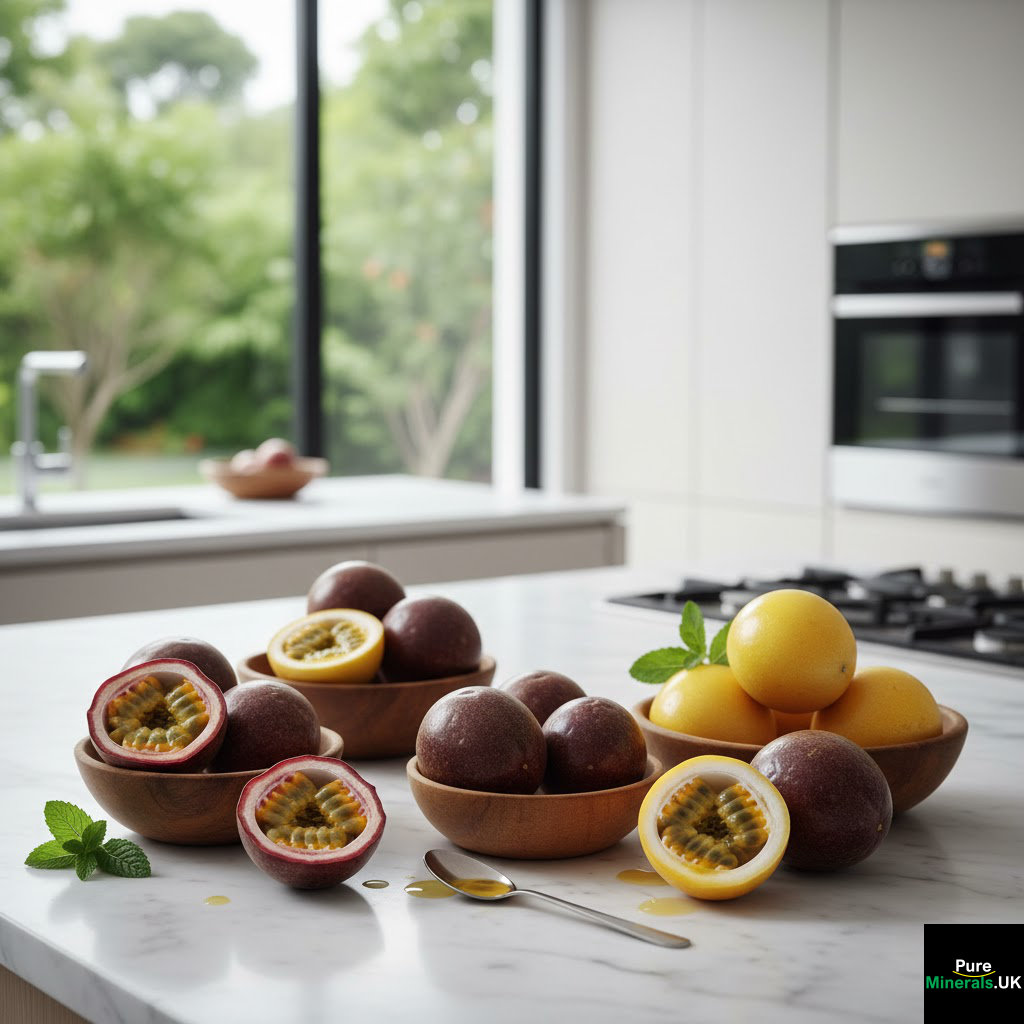 Purple and yellow passion fruit in a modern kitchen setting.
