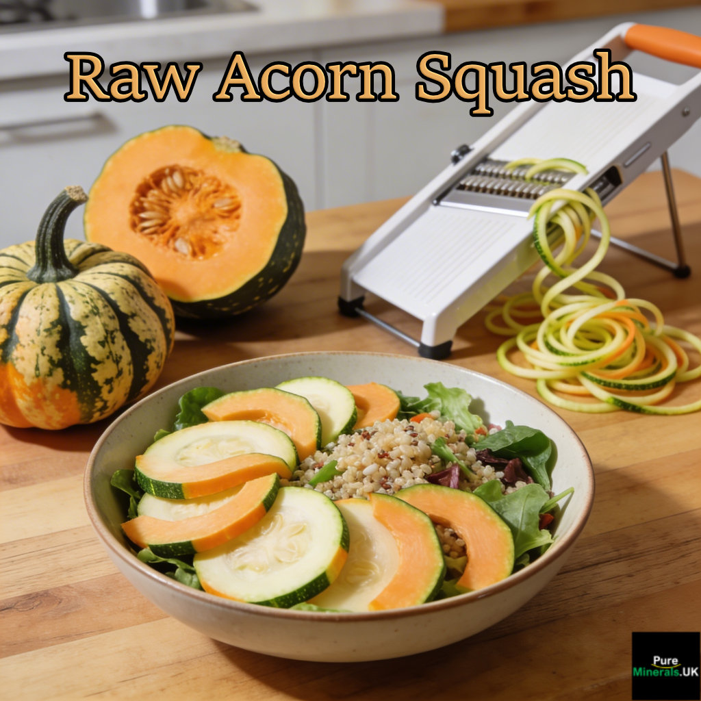 Thinly sliced and spiralized raw acorn squash arranged in a salad bowl with grains and greens on a kitchen countertop.