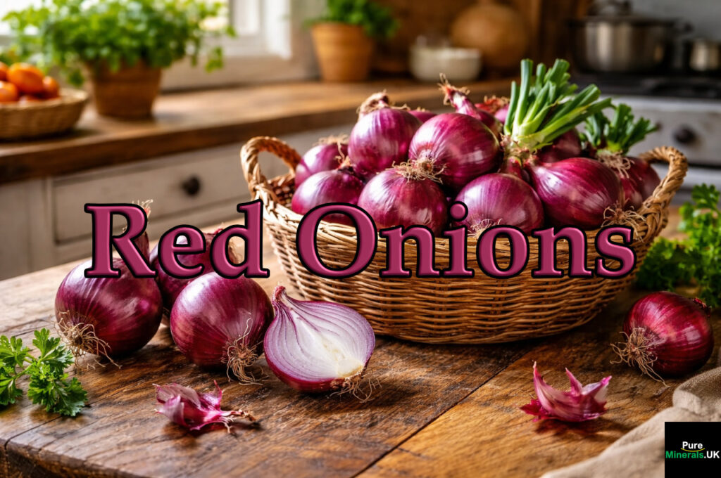 Fresh superfood red onions arranged in a wicker basket on a kitchen table.