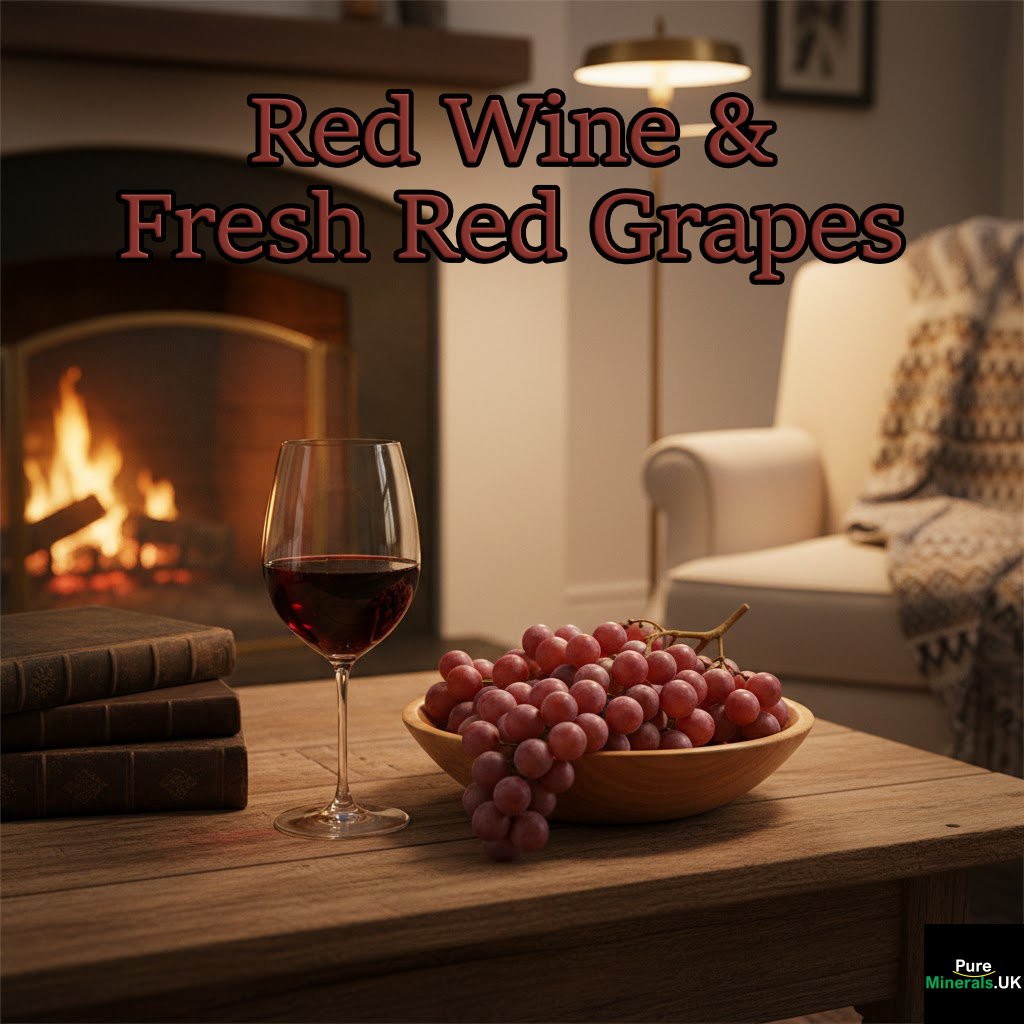 Red wine and a bowl of grapes on a table in a cozy lounge setting.