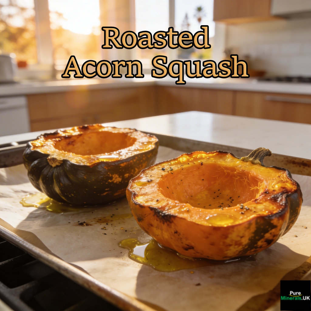 Roasted acorn squash halves with caramelized edges on a parchment-lined baking tray in a bright Californian kitchen.