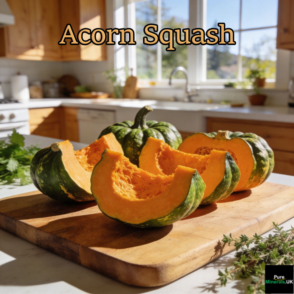 Sliced acorn squash wedges with deep orange flesh and green skin arranged on a wooden cutting board in a bright Californian kitchen.