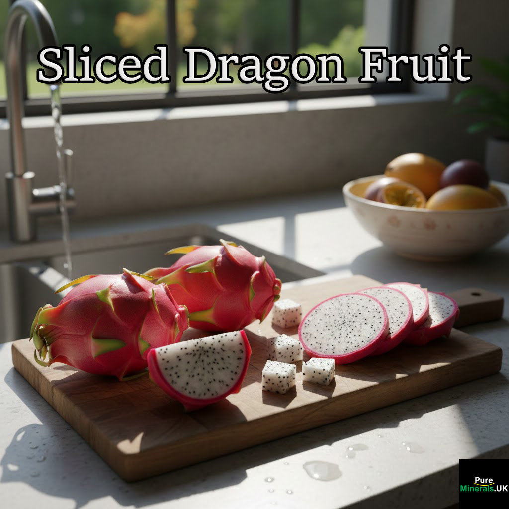 Sliced dragon fruit in a modern kitchen setting.