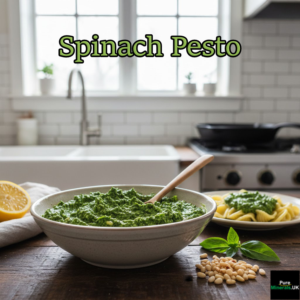 Spinach Pesto in a kitchen setting.