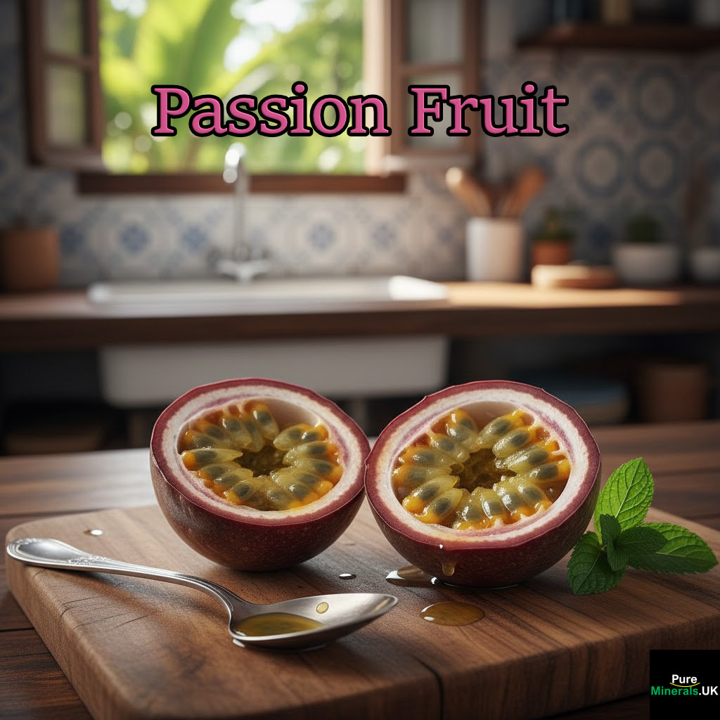 Photograph of a halved purple passion fruit revealing the interior and seeds, in a Brazilian kitchen.