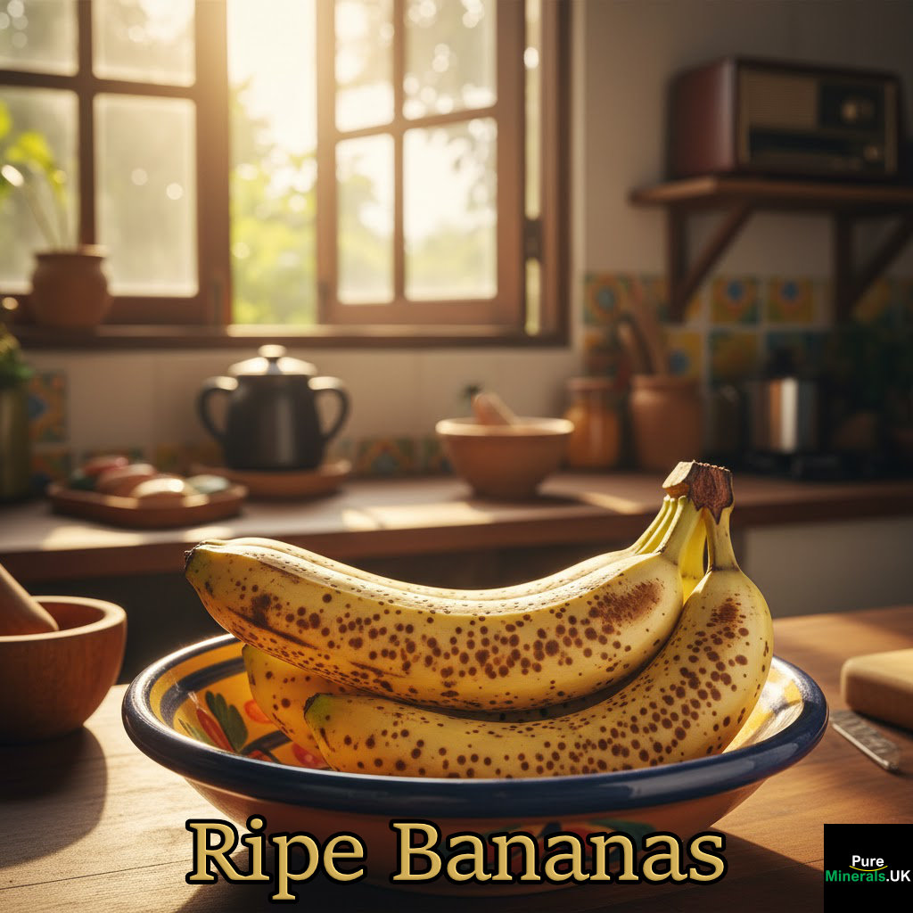 Spotted ripe bananas in a bowl on a table in a kitchen setting.