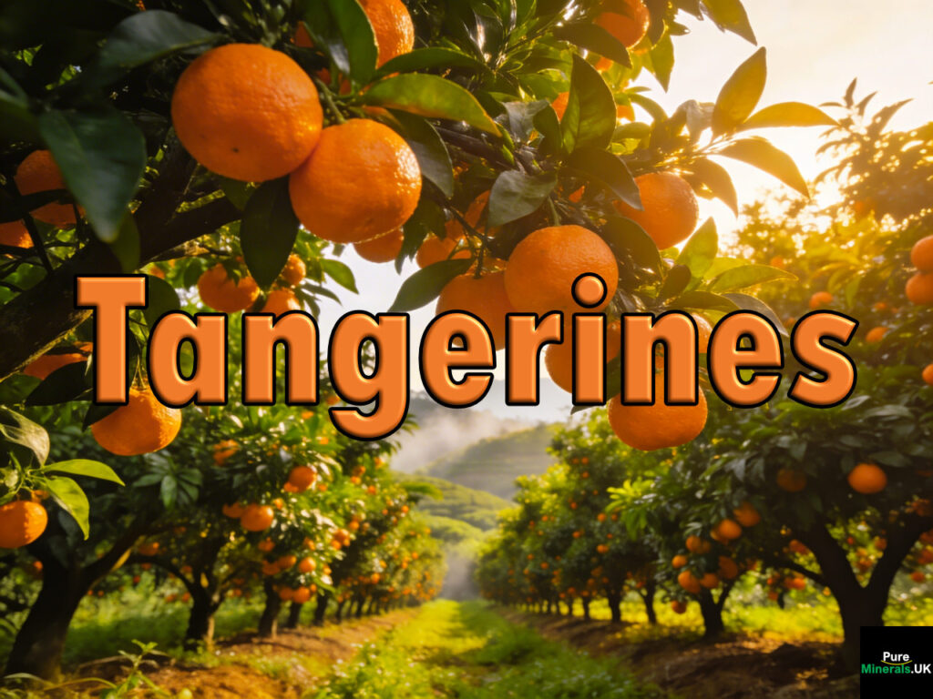 A Southeast Asian tangerine orchard with trees heavy with ripe tangerines under warm tropical sunlight.