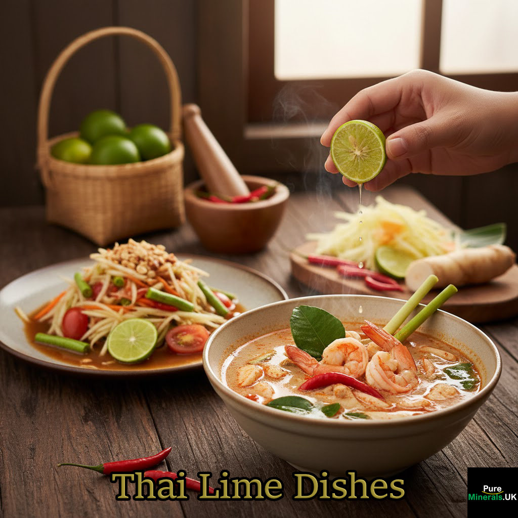 Thai Tom Yum soup and green papaya salad in a Thai dining room setting.
