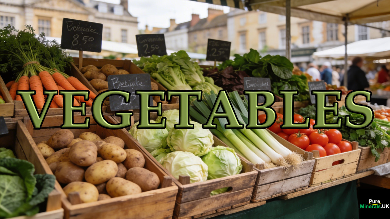 Outdoor English market vegetable stall with wooden crates of vegetables such as carrots, potatoes, cabbage, tomatoes, and leafy greens under a striped canopy.