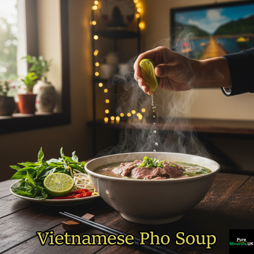 Vietnamese Pho soup in a dining room setting.