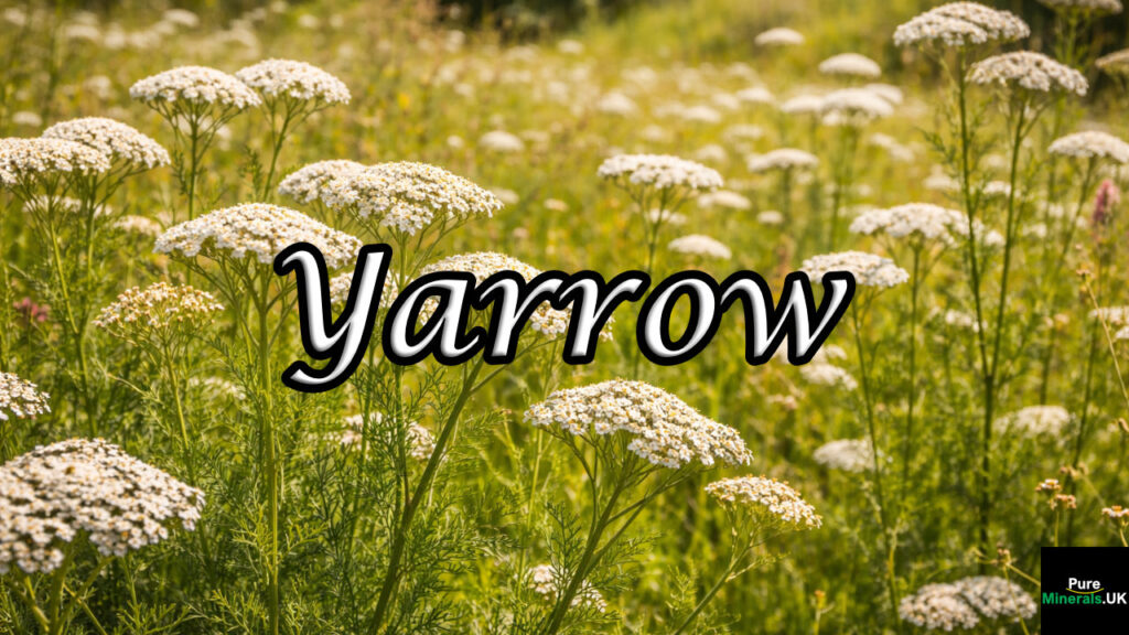 Yarrow (Achillea millefolium) in full flower growing naturally in a sunlit meadow habitat.