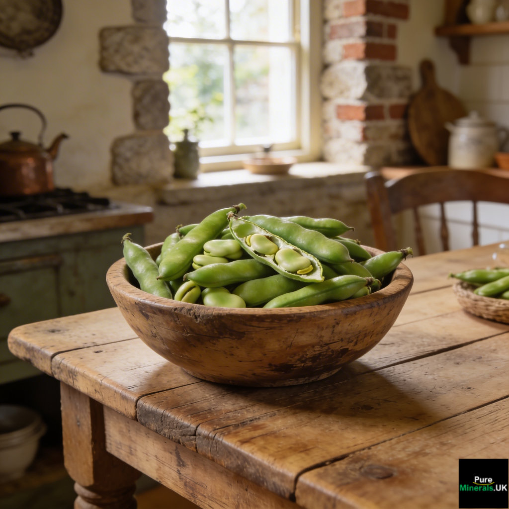 Wooden bowl filled with freshly collected green broad bean pods on a rustic table in an English farmhouse kitchen.