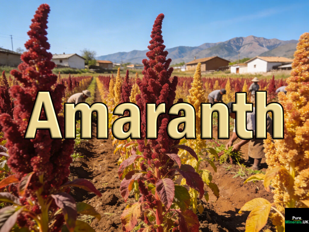 Small-scale farmers tending rows of red and golden amaranth plants on a traditional Mexican farm with distant mountains under a clear blue sky.