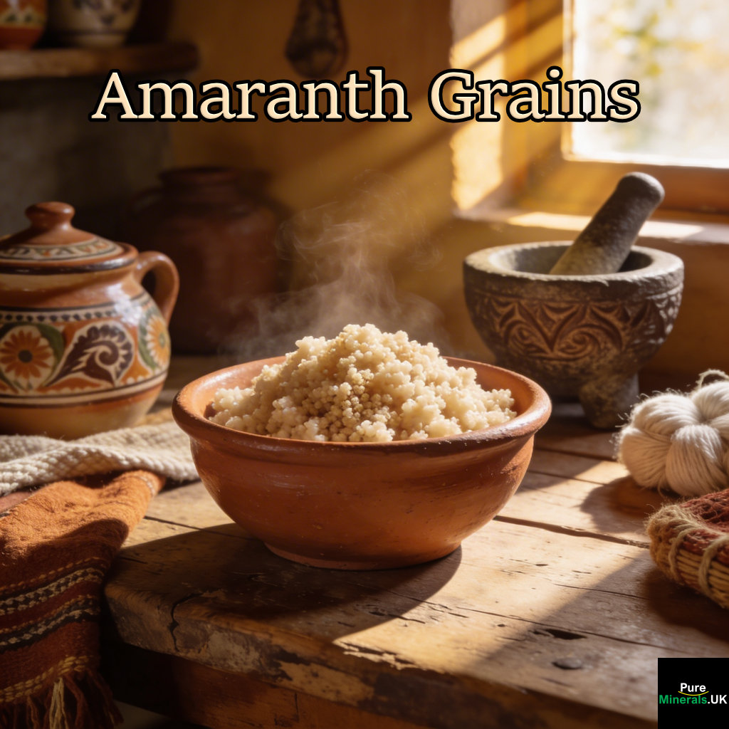 A steaming bowl of fluffy cooked amaranth grains on a rustic wooden table in a traditional Mexican kitchen, surrounded by clay pottery, a molcajete, and woven textiles.