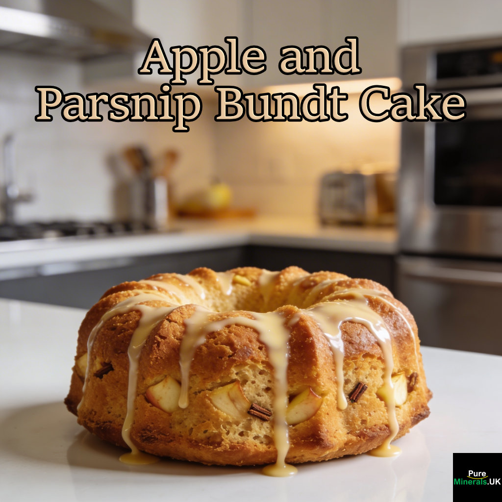 Golden-brown apple and parsnip bundt cake with a moist crumb and light vanilla glaze, displayed on a sleek countertop in a modern kitchen with soft natural lighting.