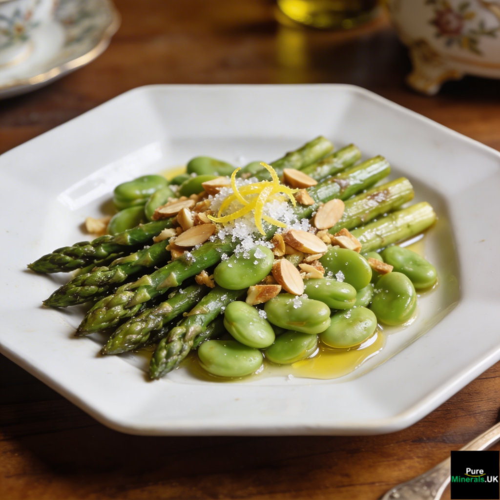 Plate of sautéed asparagus and fava beans topped with toasted almonds and lemon zest in an elegant English restaurant setting.