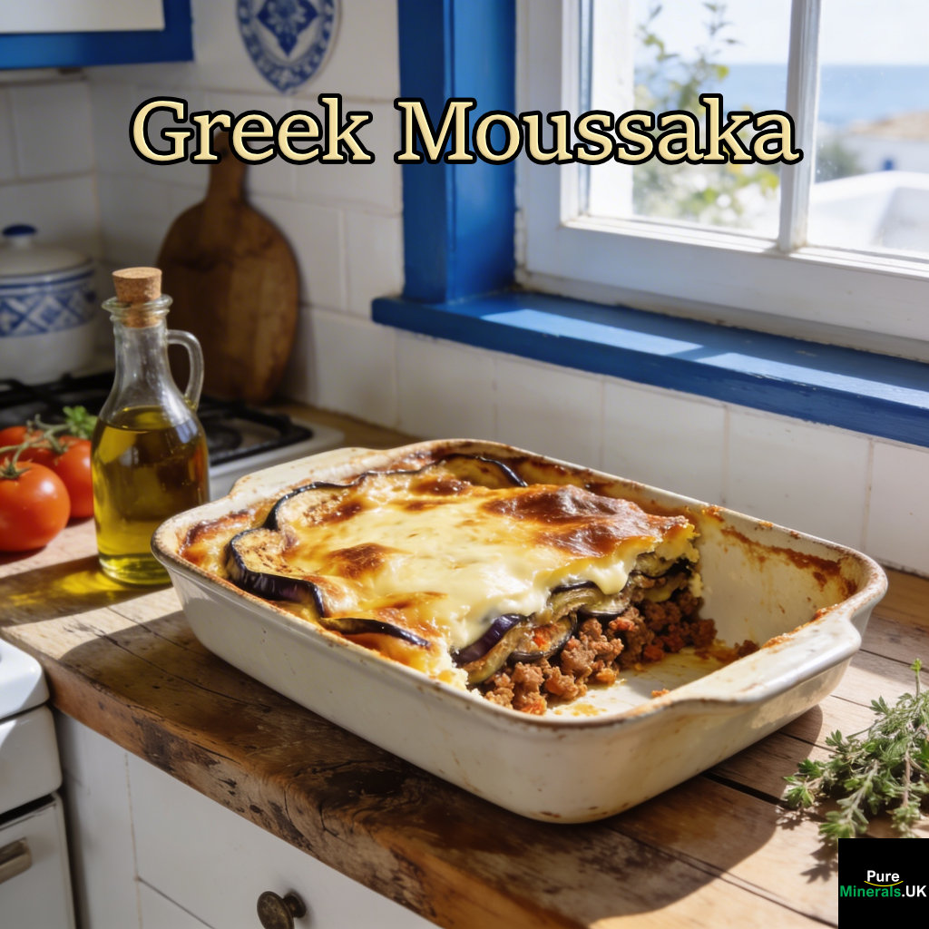 Baked Greek moussaka with layers of eggplant, spiced ground meat, and golden béchamel in a casserole dish on a counter in a Greek kitchen.