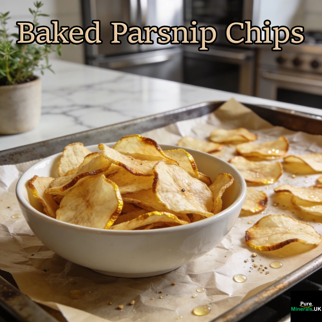 Golden, crispy baked parsnip chips in a bowl beside a parchment-lined baking tray, set on a sleek countertop in a modern, well-lit kitchen.