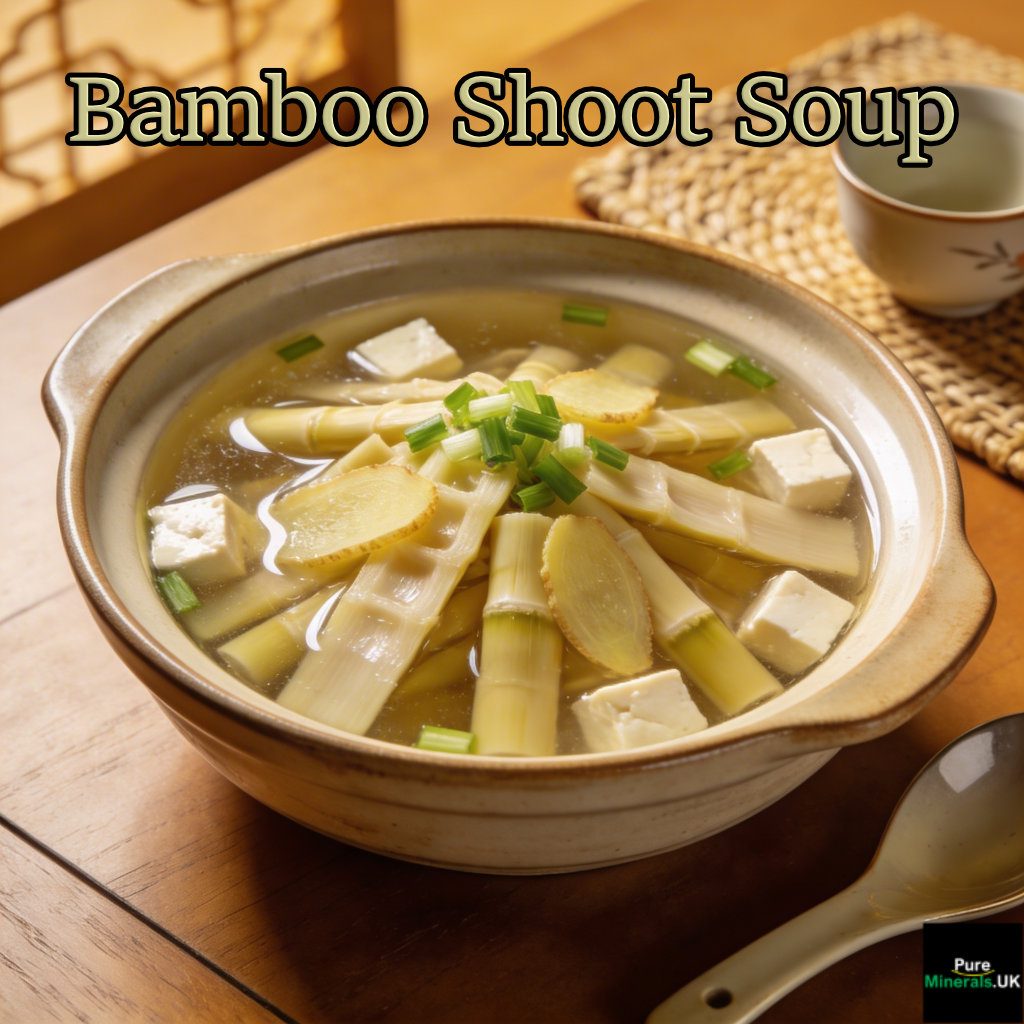Bowl of clear bamboo shoot soup with tofu cubes, ginger slices, and spring onions on a wooden table in a Taiwanese dining room.