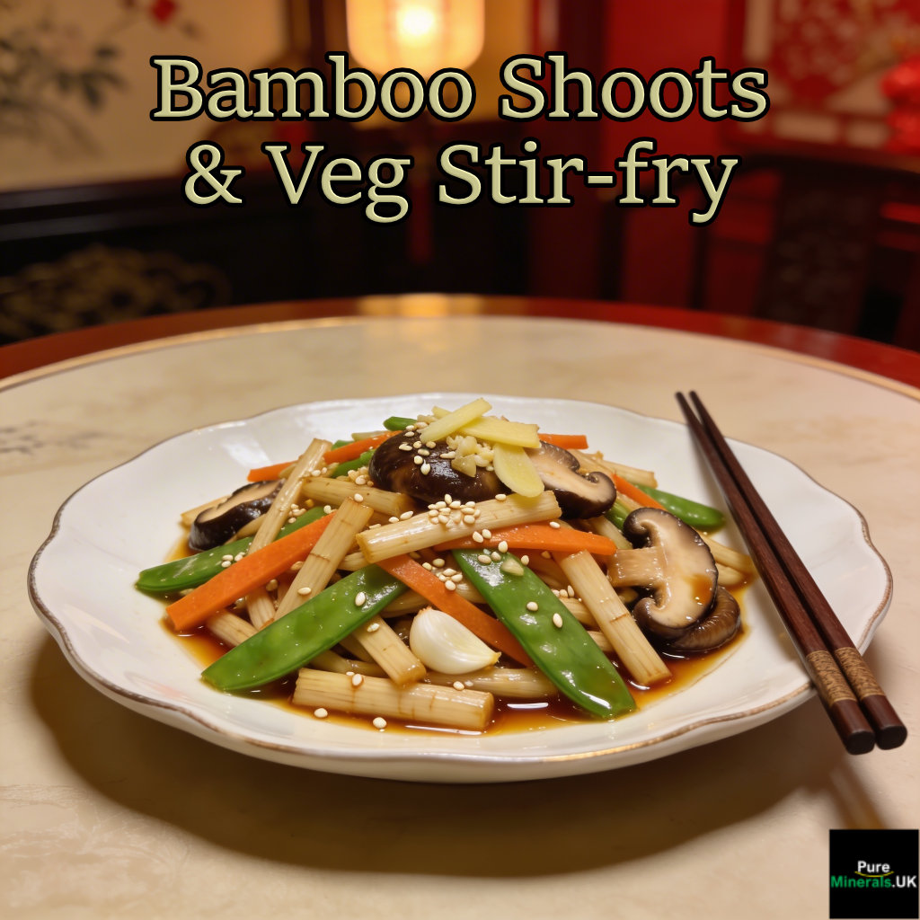 Plate of bamboo shoot and vegetable stir-fry with snap peas, carrots, and shiitake mushrooms in a Chinese restaurant.