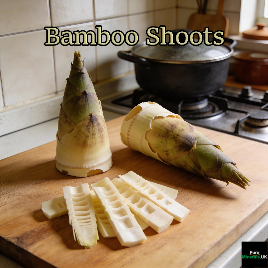 Fresh whole and sliced bamboo shoots arranged on a wooden cutting board in a Taiwanese kitchen.