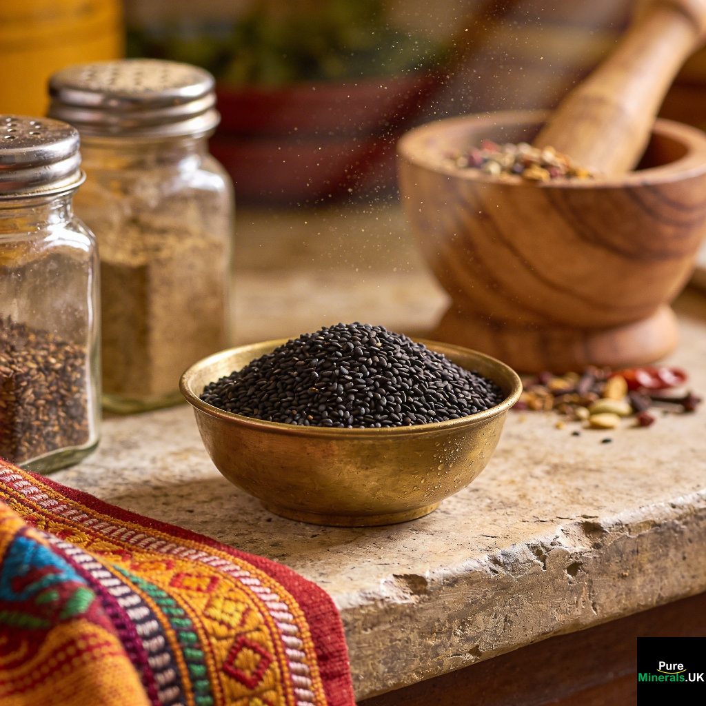 A bowl of tiny black sweet basil seeds on a countertop in a traditional Indian kitchen, surrounded by spice jars, a mortar and pestle, and colorful textiles.